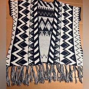 Smell the Roses Navy Cream Boho Fringe Knit Wrap Sweater S/M